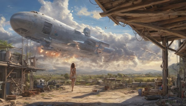 1girl,solo,long hair,brown hair,black hair,standing,swimsuit,bikini,outdoors,sky,barefoot,day,cloud,signature,from behind,tree,blue sky,cloudy sky,fire,ground vehicle,building,scenery,motor vehicle,smoke,science fiction,aircraft,airplane,road,ruins,vehicle focus,ladder,tire,shadow,bird,sunlight,grass,plant,sign,fence,bucket,wide shot,contrail