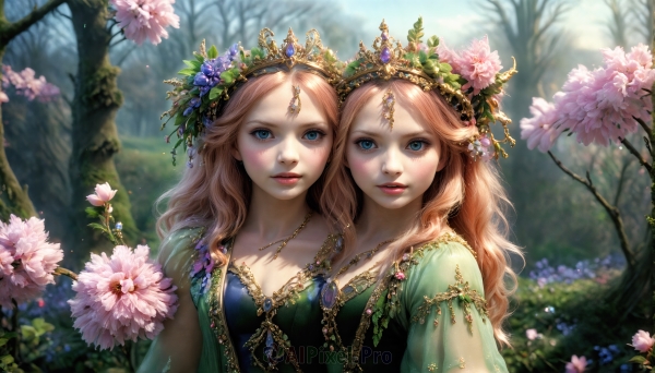 HQ,long hair,breasts,looking at viewer,smile,blue eyes,multiple girls,blonde hair,brown hair,hair ornament,dress,2girls,cleavage,jewelry,closed mouth,upper body,flower,short sleeves,small breasts,outdoors,parted lips,day,puffy sleeves,hair flower,necklace,blurry,tree,lips,see-through,eyelashes,makeup,depth of field,blurry background,blue dress,siblings,wavy hair,tiara,crown,sisters,cherry blossoms,gem,nature,pink flower,forest,green dress,twins,realistic,branch,red lips,side-by-side,blush,bangs,parted bangs,leaf,hydrangea