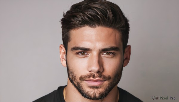 solo,looking at viewer,smile,short hair,simple background,brown hair,shirt,black hair,1boy,brown eyes,closed mouth,male focus,grey background,black shirt,facial hair,portrait,beard,mature male,realistic,mustache,jewelry,necklace,lips,gradient,gradient background,thick eyebrows,undercut