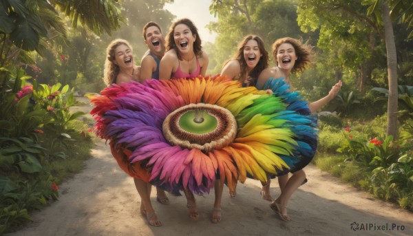 long hair,breasts,smile,open mouth,multiple girls,brown hair,black hair,dress,cleavage,closed eyes,braid,flower,:d,outdoors,teeth,day,dark skin,tree,4girls,leaf,sandals,5girls,plant,nature,road,bush,short hair,1boy,swimsuit,siblings,grass,feathers,sisters,realistic,mother and daughter,family