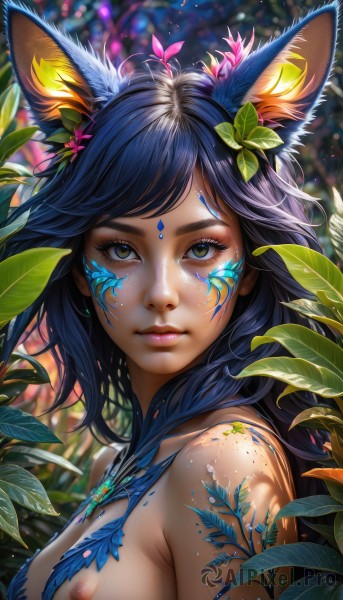 1girl,solo,long hair,breasts,looking at viewer,bangs,black hair,hair ornament,animal ears,jewelry,medium breasts,closed mouth,nipples,green eyes,blue hair,yellow eyes,upper body,flower,nude,small breasts,artist name,hair flower,blurry,from side,lips,animal ear fluff,fox ears,eyelashes,makeup,blurry background,leaf,watermark,facial mark,plant,slit pupils,web address,eyeshadow,freckles,pink lips,realistic,nose,whisker markings,facepaint,mascara,bare shoulders,brown eyes,outdoors,shiny,necklace,swept bangs,nature,close-up,bodypaint