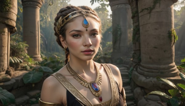 1girl,solo,looking at viewer,short hair,brown hair,black hair,dress,bare shoulders,brown eyes,jewelry,collarbone,upper body,braid,earrings,outdoors,day,necklace,lips,leaf,sunlight,plant,gem,nature,armlet,freckles,circlet,realistic,nose,ruins,pillar,column,long hair,makeup,portrait