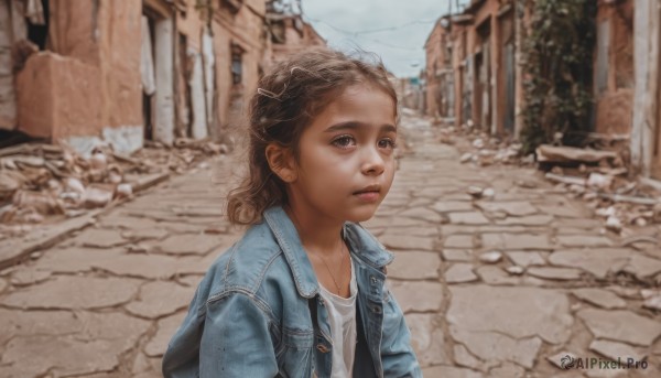 1girl,solo,brown hair,shirt,brown eyes,closed mouth,jacket,white shirt,upper body,outdoors,open clothes,day,dark skin,medium hair,bag,blurry,open jacket,dark-skinned female,lips,blurry background,denim,blue jacket,building,curly hair,realistic,nose,road,street,denim jacket,short hair,jewelry,earrings,necklace,child,female child