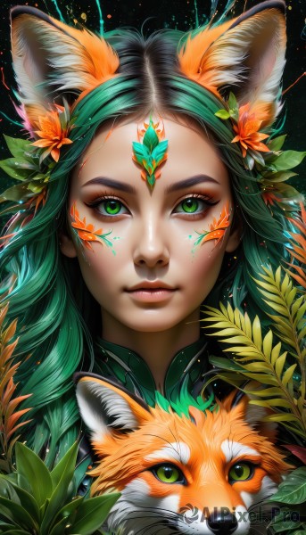 1girl,solo,long hair,looking at viewer,hair ornament,animal ears,closed mouth,green eyes,flower,green hair,artist name,hair flower,lips,animal ear fluff,fox ears,eyelashes,makeup,animal,leaf,watermark,facial mark,plant,lipstick,portrait,eyeshadow,realistic,nose,red lips,tiger,cat,web address,fox,whiskers