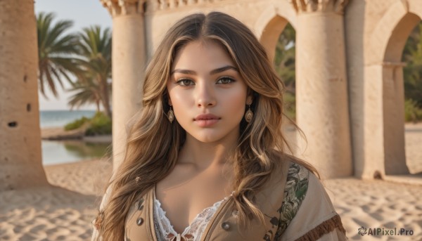 1girl,solo,long hair,breasts,looking at viewer,smile,brown hair,shirt,cleavage,brown eyes,jewelry,medium breasts,closed mouth,collarbone,upper body,earrings,outdoors,day,blurry,tree,lips,eyelashes,depth of field,blurry background,wavy hair,realistic,nose,palm tree,fringe trim,pillar,bangs,sky,water,parted bangs,ocean,sunlight,thick eyebrows,portrait,forehead