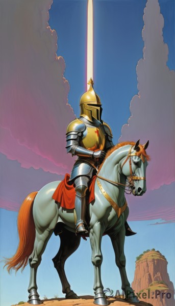 solo,1boy,weapon,male focus,outdoors,sky,day,sword,cloud,armor,blue sky,animal,helmet,polearm,shoulder armor,gauntlets,1other,pauldrons,breastplate,riding,greaves,horse,knight,full armor,ambiguous gender,horseback riding,helm,plate armor,saddle,holding,full body,boots,holding weapon,from side,holding sword,fantasy,faulds,reins,plume