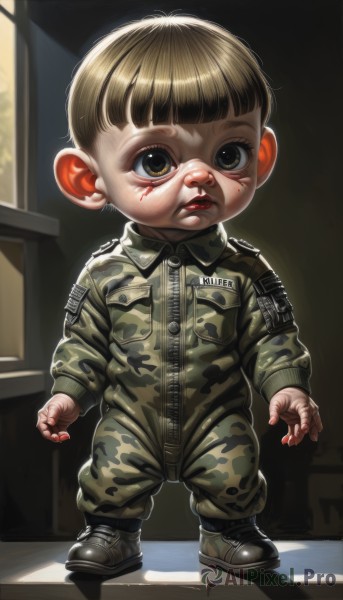 solo,looking at viewer,short hair,bangs,blonde hair,brown hair,long sleeves,1boy,brown eyes,standing,full body,male focus,boots,parted lips,teeth,blunt bangs,black footwear,uniform,lips,military,blood,military uniform,shadow,child,zipper,pocket,realistic,male child,camouflage,jumpsuit,bowl cut,camouflage jacket