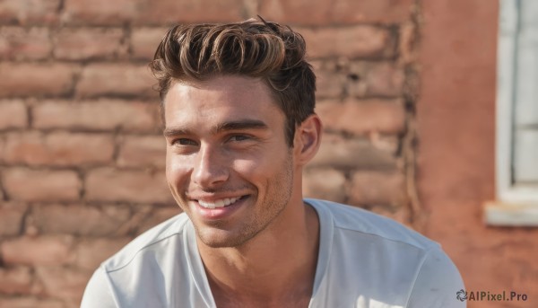 solo,looking at viewer,smile,short hair,open mouth,brown hair,shirt,1boy,white shirt,upper body,male focus,teeth,indoors,grin,blurry,black eyes,blurry background,facial hair,portrait,meme,realistic,stubble,brick wall,brown eyes,day,mustache,labcoat