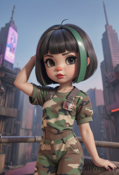 1girl,solo,looking at viewer,short hair,bangs,shirt,black hair,brown eyes,closed mouth,standing,ahoge,short sleeves,multicolored hair,cowboy shot,outdoors,green hair,sky,day,belt,pants,blunt bangs,nail polish,blurry,uniform,arm up,two-tone hair,lips,streaked hair,fingernails,military,military uniform,makeup,depth of field,blurry background,bob cut,building,child,red nails,freckles,city,railing,red lips,female child,camouflage,camouflage pants,breasts,small breasts,parted lips,black eyes,arm support,aged down,arm behind head,nose,cityscape,badge,skyscraper,patch