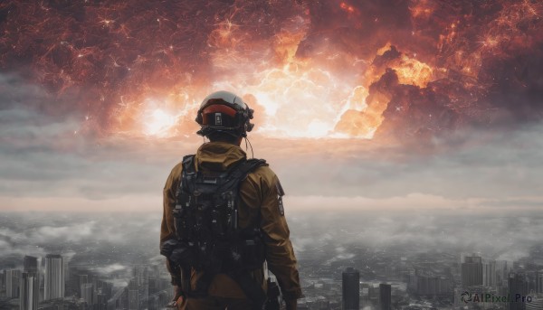 solo,1boy,jacket,weapon,male focus,outdoors,sky,cloud,from behind,uniform,gun,military,helmet,cloudy sky,building,scenery,rifle,smoke,science fiction,city,assault rifle,cityscape,explosion,skyscraper,skyline,long sleeves,upper body,bag,military uniform,ocean,fire,headset,horizon,ambiguous gender