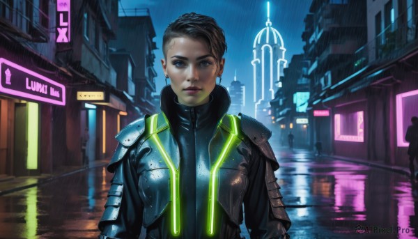 1girl,solo,looking at viewer,short hair,blue eyes,black hair,jewelry,closed mouth,jacket,upper body,earrings,outdoors,solo focus,water,armor,lips,wet,bodysuit,makeup,night,shoulder armor,building,reflection,science fiction,rain,asymmetrical hair,city,realistic,nose,undercut,cyberpunk,neon lights,hologram,brown hair,open clothes,open jacket,very short hair,leather jacket,neon trim