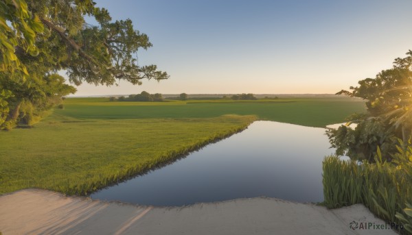 outdoors,sky,day,water,tree,blue sky,no humans,grass,plant,nature,scenery,reflection,sunset,road,river,landscape,path,sunlight,mountain,horizon,bush,field,lake,gradient sky