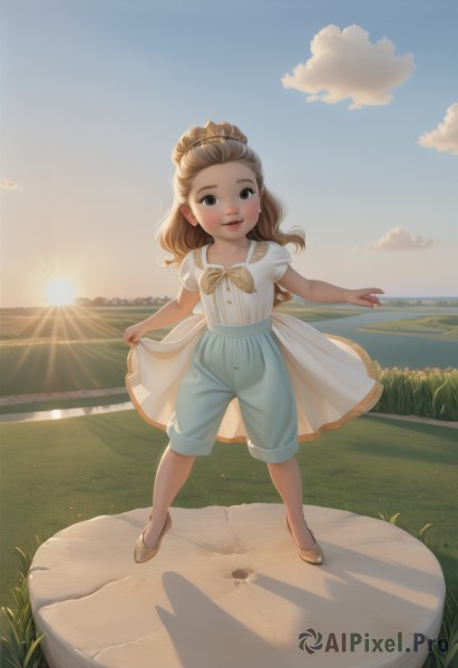 1girl,solo,long hair,looking at viewer,blush,smile,open mouth,brown hair,dress,bow,brown eyes,standing,full body,ponytail,short sleeves,outdoors,sky,shoes,shorts,day,cloud,white dress,black eyes,blue sky,shadow,sunlight,grass,child,forehead,sunset,skirt hold,sun,female child,skirt,shirt,white shirt,teeth,lips,white footwear,scenery,yellow bow,backlighting,orange bow