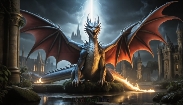 HQ,solo,open mouth,tail,outdoors,wings,horns,sky,teeth,cloud,water,no humans,night,glowing,fangs,cloudy sky,fire,sharp teeth,scenery,claws,monster,city,fantasy,dragon,electricity,scales,ruins,castle,lightning,tower,dragon wings,breathing fire,kaijuu,looking at viewer,sitting,spikes,reflection,spread wings