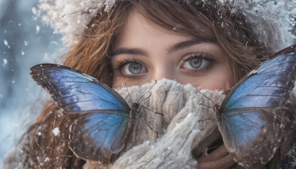 1girl, solo, long hair, looking at viewer, blue eyes, brown hair, gloves, blurry, grey eyes, eyelashes, bug, butterfly, portrait, snow, snowing, realistic, covered mouth, winter, blue butterfly