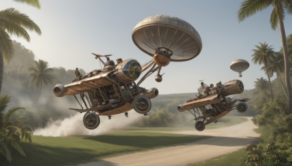 outdoors,multiple boys,sky,day,cloud,tree,gun,military,no humans,grass,ground vehicle,nature,scenery,motor vehicle,aircraft,sand,palm tree,airplane,bush,vehicle focus,desert,helicopter,weapon,ocean,beach,forest,smoke,flying,cannon,machine gun,hill,propeller,island,airship