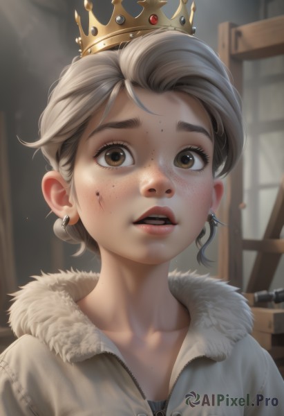 1girl,solo,looking at viewer,short hair,open mouth,brown hair,brown eyes,jewelry,collarbone,upper body,grey hair,earrings,parted lips,teeth,artist name,indoors,mole,blurry,lips,coat,fur trim,eyelashes,mole under eye,blurry background,upper teeth only,crown,portrait,zipper,freckles,mole on breast,realistic,mole on neck,mole on cheek,blush,bangs,jacket,blood,thick eyebrows,dirty face