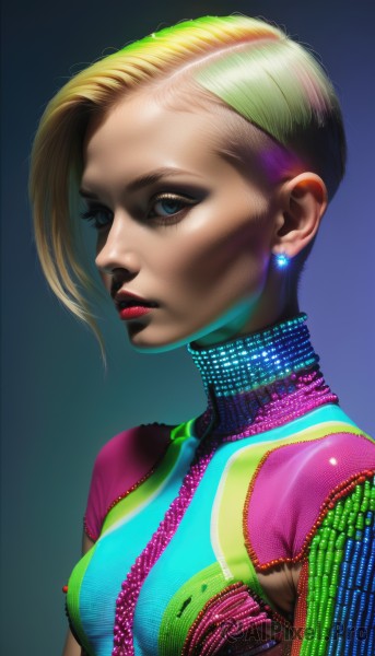 1girl,solo,breasts,looking at viewer,short hair,blue eyes,blonde hair,simple background,jewelry,upper body,multicolored hair,earrings,small breasts,lips,eyelashes,bodysuit,makeup,blue background,lipstick,eyeshadow,zipper,realistic,nose,red lips,eyeliner,medium breasts,two-tone hair,gradient,glowing