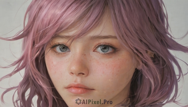 1girl,solo,looking at viewer,short hair,bangs,blue eyes,simple background,closed mouth,pink hair,medium hair,grey background,lips,grey eyes,eyelashes,swept bangs,expressionless,portrait,close-up,freckles,realistic,nose,green eyes