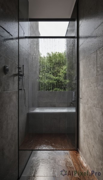 outdoors,day,indoors,tree,no humans,window,plant,scenery,rain,water drop,door,tiles,wall,tile floor,building,bush,power lines,utility pole,shower (place)