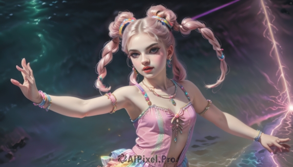 1girl,solo,long hair,breasts,looking at viewer,blue eyes,hair ornament,dress,navel,cleavage,bare shoulders,twintails,jewelry,collarbone,upper body,pink hair,braid,earrings,small breasts,parted lips,artist name,water,necklace,hair bun,twin braids,bracelet,lips,double bun,makeup,ring,outstretched arms,lipstick,pink dress,armlet,realistic,nose,red lips,electricity,magic,babydoll,lightning,mascara,multiple braids,blonde hair,teeth,nail polish,mole,ocean,gem