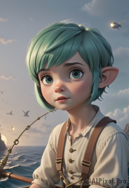 1girl,solo,looking at viewer,short hair,bangs,shirt,holding,green eyes,white shirt,upper body,outdoors,parted lips,green hair,sky,teeth,day,pointy ears,collared shirt,cloud,water,lips,swept bangs,bird,ocean,suspenders,cloudy sky,androgynous,freckles,horizon,fishing rod,seagull,lalafell,blush,jewelry,earrings,artist name,signature,eyelashes,buttons,thick eyebrows,sleeves rolled up,backlighting,nose