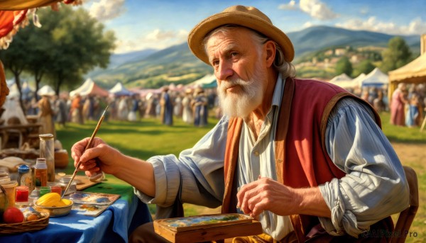 HQ,solo,shirt,long sleeves,1boy,hat,holding,sitting,closed mouth,white shirt,upper body,white hair,grey hair,male focus,outdoors,food,sky,day,cloud,blurry,vest,tree,blue sky,fruit,depth of field,blurry background,facial hair,chair,table,bottle,beard,mountain,realistic,mustache,brown headwear,straw hat,apple,paintbrush,old,old man,holding paintbrush,painting (action),palette (object),canvas (object),easel,blue eyes,solo focus,grass,basket,manly,pencil,painting (object),paint,art brush