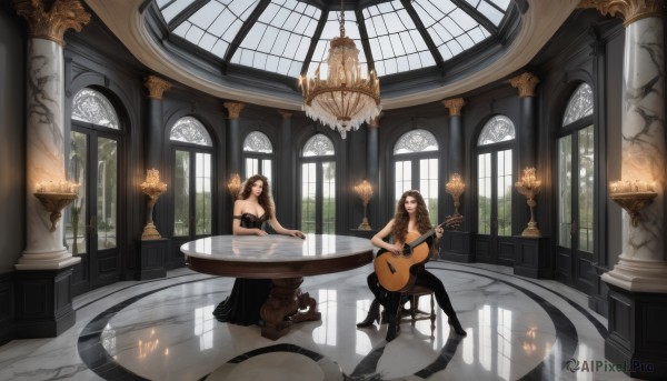 long hair,breasts,looking at viewer,smile,multiple girls,large breasts,brown hair,dress,holding,2girls,cleavage,bare shoulders,jewelry,medium breasts,sitting,closed mouth,closed eyes,boots,pants,indoors,black footwear,black dress,window,strapless,shadow,chair,black pants,table,sunlight,plant,instrument,strapless dress,reflection,fantasy,music,guitar,tiles,tile floor,stool,playing instrument,holding instrument,pillar,violin,piano,arch,reflective floor,chandelier,black hair,very long hair,pantyhose,day,high heels,crossed legs,scenery,candle,statue,candlestand