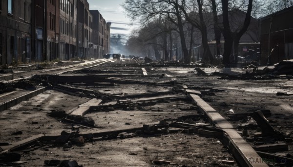 outdoors,sky,day,cloud,tree,no humans,ground vehicle,building,scenery,motor vehicle,city,car,road,ruins,lamppost,bare tree,street,real world location,window,cloudy sky,power lines,crosswalk,vanishing point