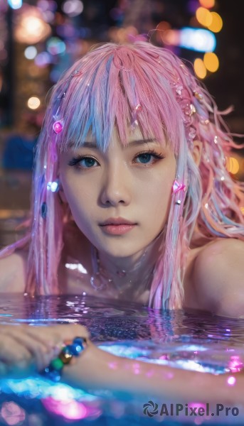 1girl,solo,long hair,looking at viewer,bangs,blue eyes,hair ornament,jewelry,closed mouth,blue hair,pink hair,multicolored hair,water,necklace,blurry,bracelet,lips,wet,depth of field,blurry background,gem,partially submerged,beads,realistic,nose,wet hair,bokeh,bare shoulders,earrings,artist name,two-tone hair,eyelashes,portrait,freckles,water drop