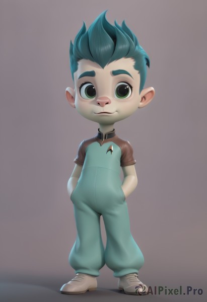 solo,looking at viewer,smile,simple background,shirt,1boy,green eyes,blue hair,standing,full body,male focus,green hair,shoes,pointy ears,grey background,brown footwear,spiked hair,hands in pockets,overalls,male child