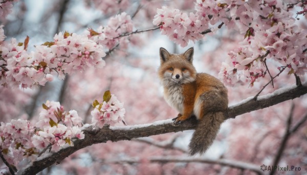 flower, outdoors, day, blurry, tree, no humans, depth of field, blurry background, bird, animal, cherry blossoms, realistic, branch, animal focus, spring (season), sparrow