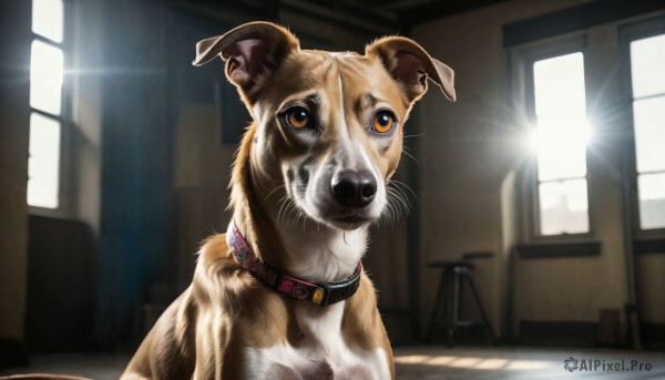 HQ,solo,brown eyes,indoors,blurry,collar,orange eyes,no humans,window,bell,animal,chair,sunlight,neck bell,dog,light rays,realistic,animal focus,looking at viewer,jewelry,earrings,blurry background,animal collar