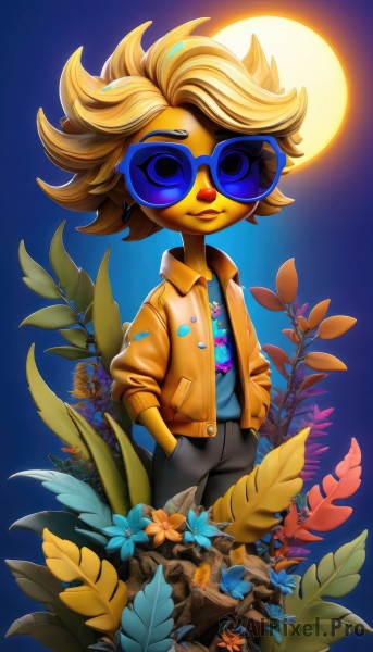 1girl,solo,looking at viewer,smile,short hair,blue eyes,blonde hair,shirt,long sleeves,1boy,jewelry,closed mouth,standing,jacket,flower,male focus,earrings,outdoors,open clothes,glasses,pants,artist name,signature,open jacket,gradient,leaf,watermark,blue background,black pants,moon,sunglasses,blue shirt,plant,furry,full moon,blue flower,hands in pockets,round eyewear,furry male,print shirt,tinted eyewear,blue-tinted eyewear,collared shirt,tree,lips,eyelashes,colored skin,spiked hair,sun,blue-framed eyewear,yellow skin