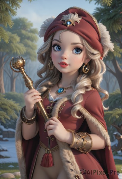 1girl,solo,long hair,breasts,looking at viewer,smile,blue eyes,blonde hair,hat,dress,holding,jewelry,earrings,small breasts,outdoors,parted lips,teeth,day,artist name,water,necklace,cape,blurry,bracelet,tree,lips,fur trim,red dress,feathers,staff,nature,red headwear,forest,freckles,curly hair,hoop earrings,rock,red cape,bracer,river,blush,cleavage,medium breasts,upper body,wrist cuffs,eyelashes,makeup,depth of field,wavy hair,grass,gem,wand,red lips,gold