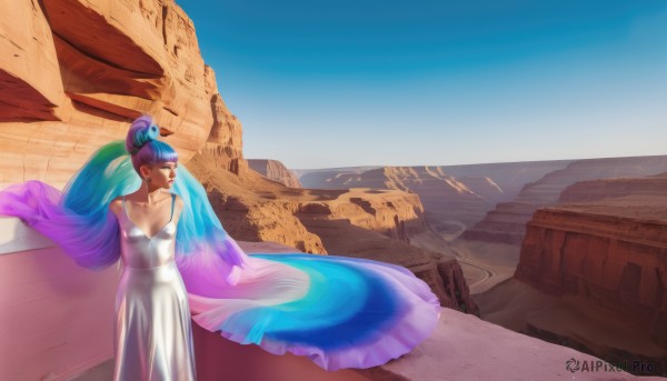 1girl,solo,long hair,breasts,dress,cleavage,bare shoulders,jewelry,medium breasts,blue hair,standing,collarbone,closed eyes,purple hair,multicolored hair,earrings,outdoors,sky,day,hair bun,white dress,blue sky,see-through,makeup,arms behind back,single hair bun,lipstick,wind,shawl,mountain,desert,very long hair,ponytail,dark skin,two-tone hair,dark-skinned female,gradient hair,scenery,realistic