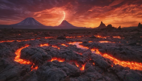 outdoors, sky, cloud, no humans, moon, cloudy sky, fire, scenery, mountain, crescent moon, landscape, red sky, molten rock