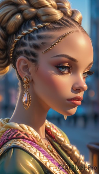 1girl,solo,long hair,looking at viewer,blue eyes,brown hair,hair ornament,jewelry,closed mouth,braid,earrings,dark skin,necklace,blurry,from side,dark-skinned female,lips,eyelashes,makeup,depth of field,blurry background,lipstick,gem,portrait,close-up,forehead,realistic,nose,red lips,hair pulled back,mascara,dreadlocks,multiple braids,black hair,dress,artist name,profile,eyeshadow,sideways glance,crown braid,gold