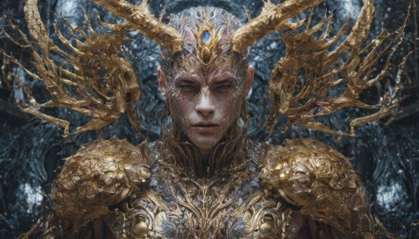 solo,long hair,looking at viewer,1boy,jewelry,closed mouth,closed eyes,upper body,white hair,male focus,horns,pointy ears,armor,blurry,lips,helmet,crown,shoulder armor,gem,portrait,nature,facing viewer,forest,pauldrons,realistic,fantasy,straight-on,gold,gold armor,artist name,grey eyes,gold trim,antlers