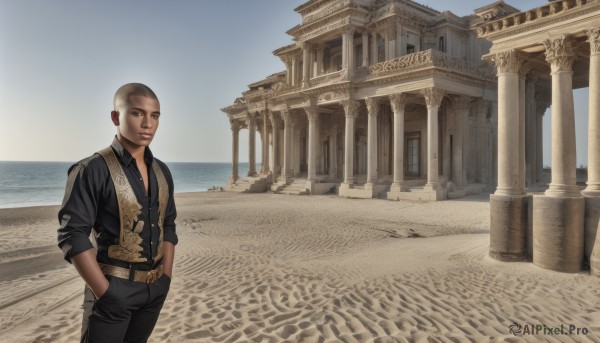 solo,looking at viewer,short hair,shirt,1boy,brown eyes,jacket,male focus,outdoors,sky,day,belt,pants,dark skin,vest,lips,facial hair,ocean,beach,black pants,dark-skinned male,scenery,realistic,hands in pockets,sand,bald,very short hair,pillar,photo background,buzz cut,smile,blonde hair,jewelry,closed mouth,standing,cowboy shot,collared shirt,water,blue sky,black shirt,building,sleeves rolled up,horizon,desert