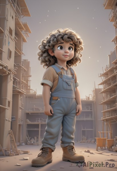 1girl,solo,brown hair,shirt,brown eyes,standing,full body,short sleeves,boots,outdoors,sky,shoes,dark skin,lips,night,brown footwear,building,child,star (sky),curly hair,female child,overalls,blue overalls,smile,short hair,dark-skinned female,watermark,wavy hair,thick eyebrows