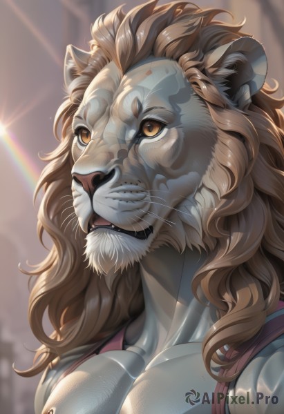 1girl,solo,long hair,breasts,open mouth,brown hair,animal ears,brown eyes,collarbone,upper body,teeth,shiny,artist name,blurry,muscular,blurry background,fangs,sunlight,looking up,portrait,furry,furry female,furry male,body fur,lion ears,animal nose,snout,furrification,1boy,closed mouth,yellow eyes,male focus,muscular male,meme,lion