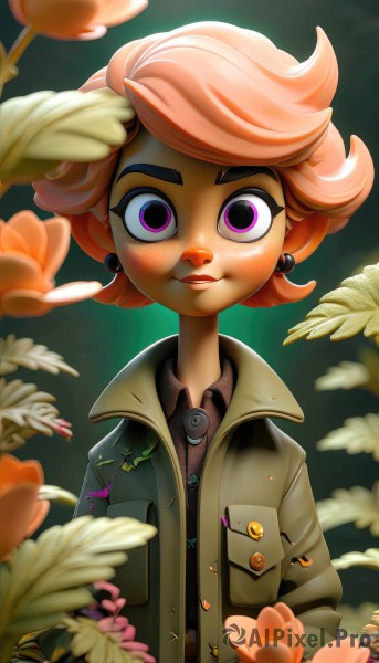 1girl,solo,looking at viewer,smile,short hair,shirt,jewelry,closed mouth,purple eyes,jacket,upper body,pink hair,flower,earrings,collared shirt,artist name,pink eyes,orange hair,blurry,lips,coat,eyelashes,makeup,leaf,watermark,thick eyebrows,plant,zipper,freckles,hands in pockets,badge,button badge,open clothes,signature,flat chest,open jacket,buttons,nose,salute