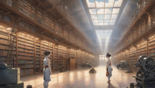 1girl,short hair,multiple girls,black hair,1boy,dress,2girls,bare shoulders,standing,sky,barefoot,sleeveless,day,cloud,indoors,hair bun,white dress,looking at another,apron,book,sash,window,shadow,sunlight,single hair bun,scenery,walking,light rays,wooden floor,bookshelf,tiles,sunbeam,tile floor,wide shot,library,ceiling,ladder,breasts,shirt,jewelry,white shirt,pants,from side,blue sky,bare arms,profile,sleeveless dress,chinese clothes,holding book,white pants,book stack