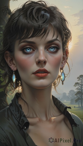 1girl,solo,breasts,looking at viewer,blush,short hair,bangs,blue eyes,brown hair,shirt,black hair,cleavage,jewelry,medium breasts,underwear,collarbone,upper body,earrings,outdoors,parted lips,sky,teeth,day,collared shirt,cloud,bra,tree,lips,black shirt,eyelashes,makeup,bird,sunlight,lipstick,black bra,messy hair,portrait,freckles,realistic,nose,palm tree,unbuttoned,red lips,mascara,gem,eyeshadow,backlighting,partially unbuttoned