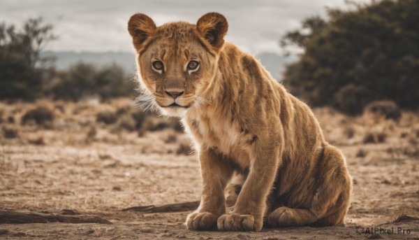 solo,looking at viewer,sitting,closed mouth,full body,outdoors,day,signature,blurry,black eyes,tree,no humans,depth of field,blurry background,animal,realistic,animal focus,photo background,sky,nature