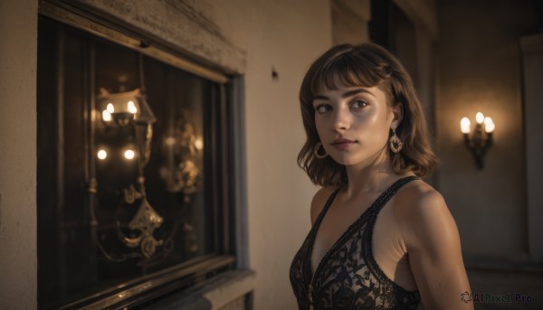 1girl,solo,breasts,looking at viewer,short hair,bangs,brown hair,dress,cleavage,bare shoulders,brown eyes,jewelry,closed mouth,underwear,upper body,earrings,small breasts,sleeveless,indoors,medium hair,mole,blurry,lips,lingerie,realistic,nose,door,candle,smile,black dress,window,sleeveless dress,blurry background,lamp