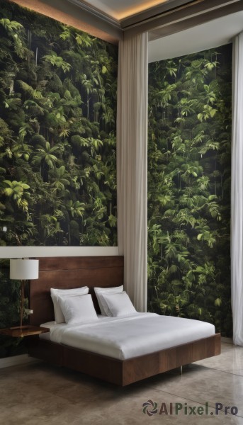 indoors,tree,pillow,book,no humans,window,bed,leaf,on bed,table,plant,curtains,scenery,rain,wooden floor,potted plant,lamp,bedroom,couch,wall