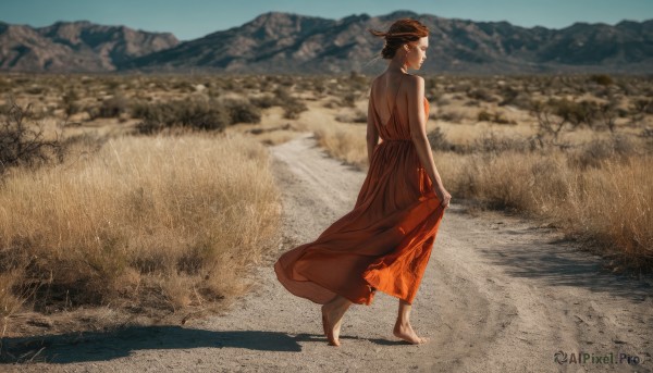 1girl,solo,short hair,brown hair,black hair,dress,bare shoulders,jewelry,standing,full body,earrings,outdoors,sky,barefoot,sleeveless,day,from behind,blurry,blue sky,profile,sleeveless dress,shadow,red dress,grass,wind,scenery,walking,mountain,backless outfit,skirt hold,backless dress,field,mountainous horizon,dirty feet,closed mouth,closed eyes,artist name,signature,hair bun,from side,depth of field,blurry background,watermark,single hair bun,photo background