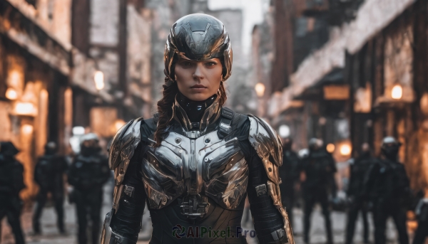 1girl,long hair,looking at viewer,brown hair,hat,brown eyes,upper body,braid,outdoors,multiple boys,solo focus,armor,blurry,uniform,lips,military,single braid,bodysuit,depth of field,blurry background,helmet,shoulder armor,building,pauldrons,breastplate,city,realistic,shoulder pads,police,police uniform,full armor,soldier,blonde hair,scar,science fiction